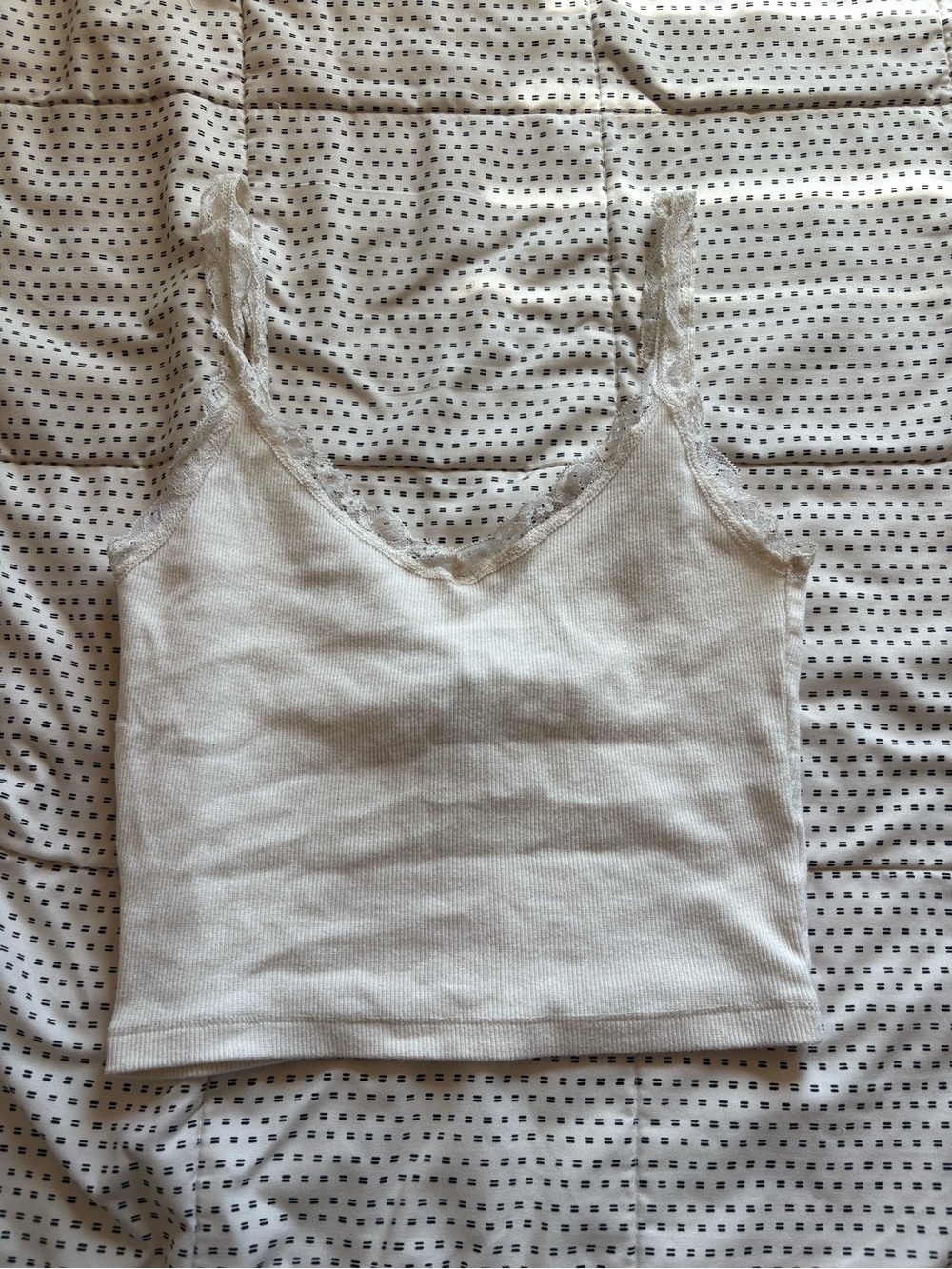 Forever 21 Cream Ribbed Lace-Trim Cami Top